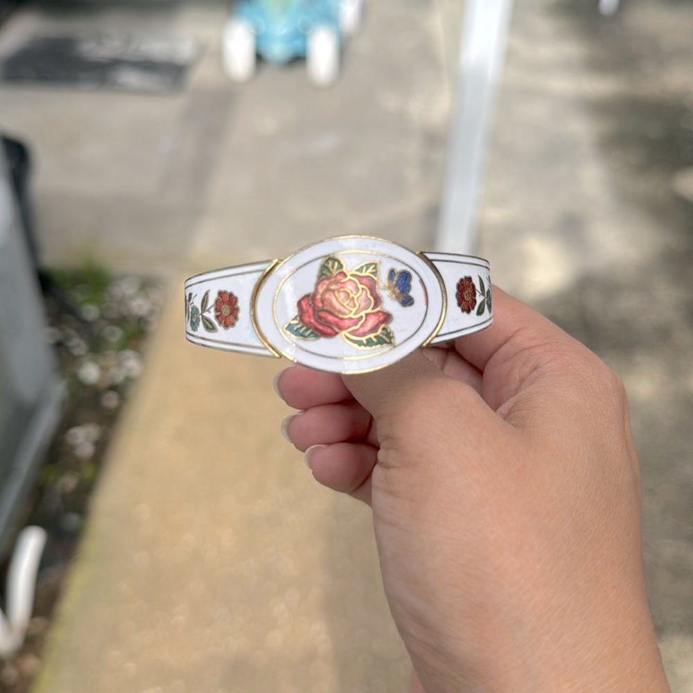 Vtg Cloisonné Enamel Hand Painted Clamper Bracelet